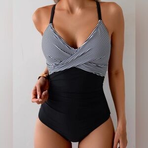 NWT Striped Black and White One Piece Swimsuit sz 3X